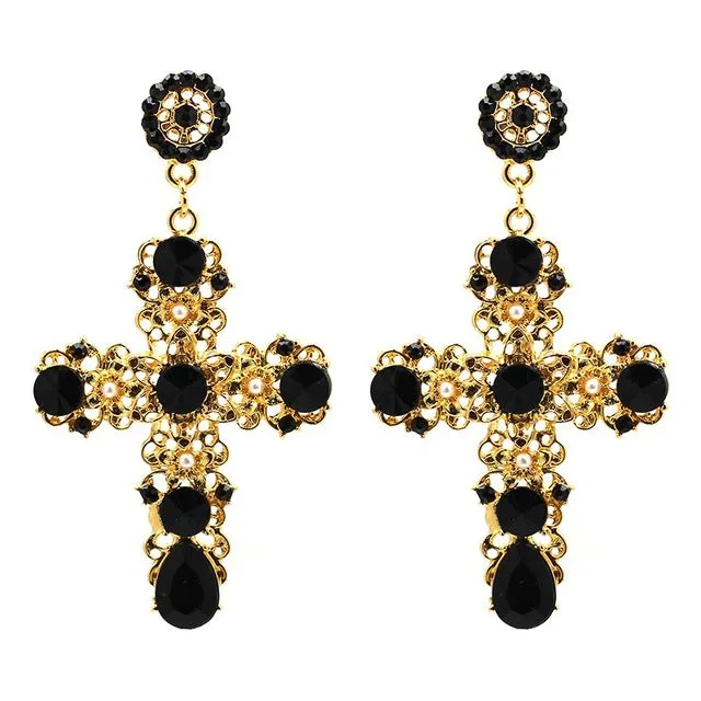 Vintage Baroque Ladies' Cross-shaped Large Drop Earrings