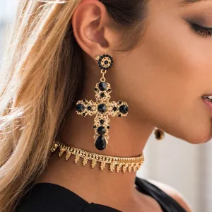 Vintage Baroque Ladies' Cross-shaped Large Drop Earrings
