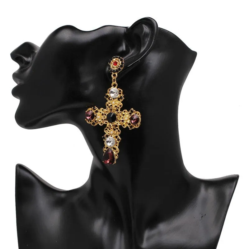 Vintage Baroque Ladies' Cross-shaped Large Drop Earrings