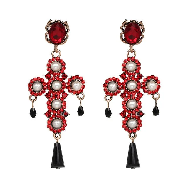 Vintage Baroque Ladies' Cross-shaped Large Drop Earrings