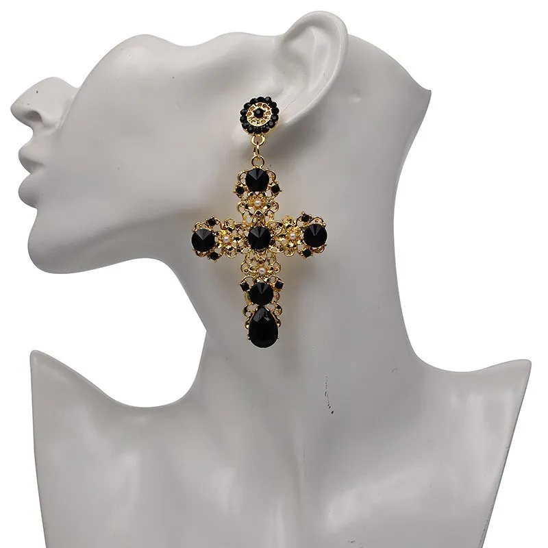 Vintage Baroque Ladies' Cross-shaped Large Drop Earrings