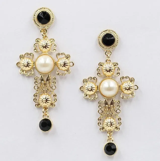 Vintage Baroque Ladies' Cross-shaped Large Drop Earrings