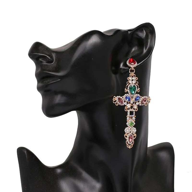 Vintage Baroque Ladies' Cross-shaped Large Drop Earrings