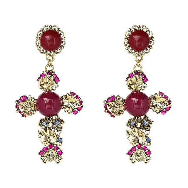 Vintage Baroque Ladies' Cross-shaped Large Drop Earrings