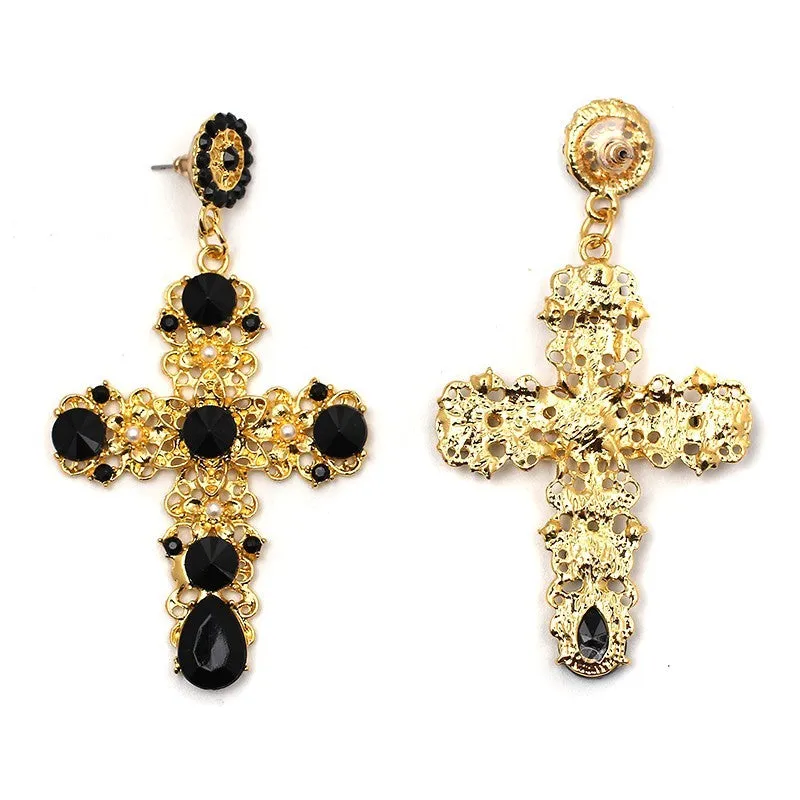 Vintage Baroque Ladies' Cross-shaped Large Drop Earrings