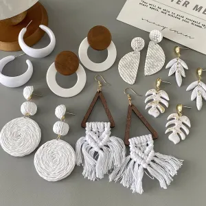White Rattan Knit Tassel Earrings | Braided Boho Earrings | Lightweight Women's Jewelry
