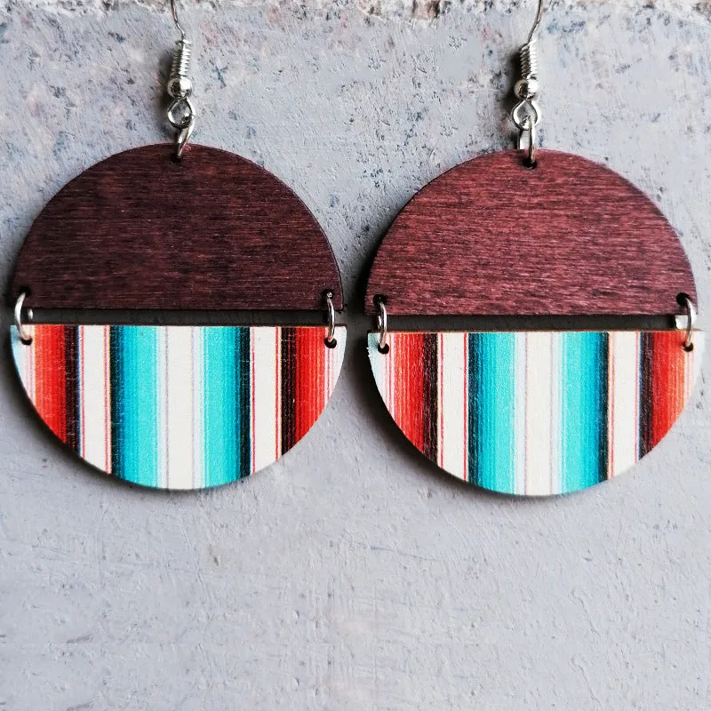 Wholesale 2 Pairs/Pack Boho Ethnic Pattern Circular Patchwork Wooden Earrings