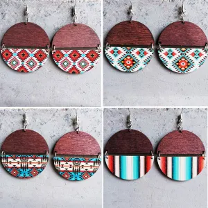 Wholesale 2 Pairs/Pack Boho Ethnic Pattern Circular Patchwork Wooden Earrings
