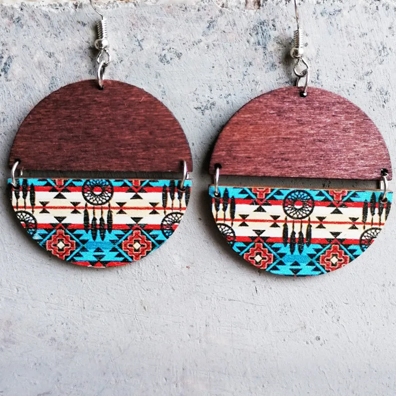 Wholesale 2 Pairs/Pack Boho Ethnic Pattern Circular Patchwork Wooden Earrings
