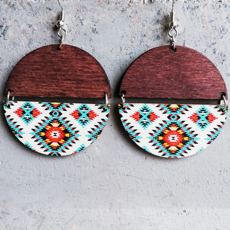 Wholesale 2 Pairs/Pack Boho Ethnic Pattern Circular Patchwork Wooden Earrings