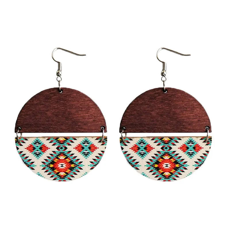 Wholesale 2 Pairs/Pack Boho Ethnic Pattern Circular Patchwork Wooden Earrings