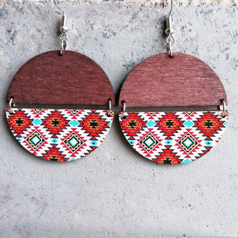 Wholesale 2 Pairs/Pack Boho Ethnic Pattern Circular Patchwork Wooden Earrings