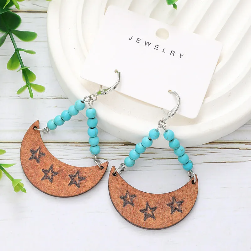 Wholesale Bohemian Moon Star Bee Print Hollow Acrylic Wood Earrings