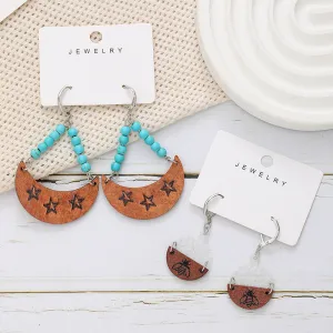 Wholesale Bohemian Moon Star Bee Print Hollow Acrylic Wood Earrings