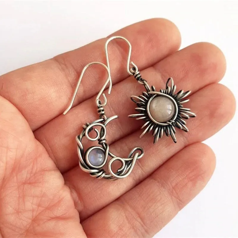 Wholesale Bohemian Retro Asymmetric Sun and Moon Earrings
