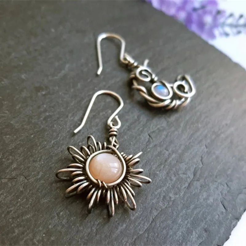 Wholesale Bohemian Retro Asymmetric Sun and Moon Earrings