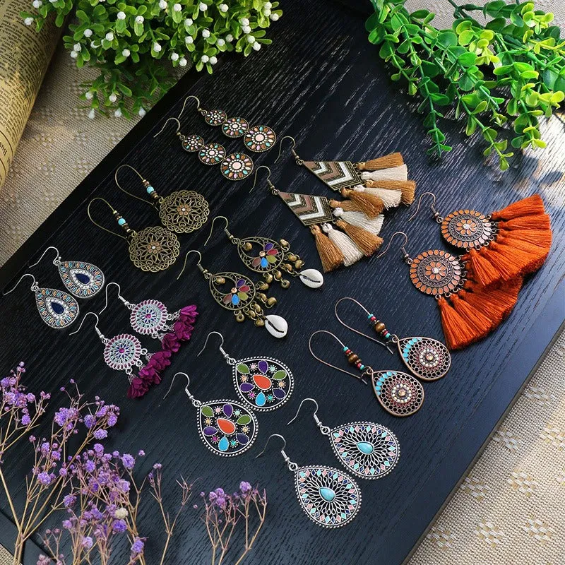 Wholesale Retro Ethnic Style Tassel Alloy Oil Drop Earrings