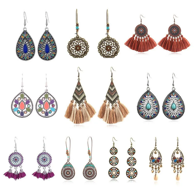 Wholesale Retro Ethnic Style Tassel Alloy Oil Drop Earrings