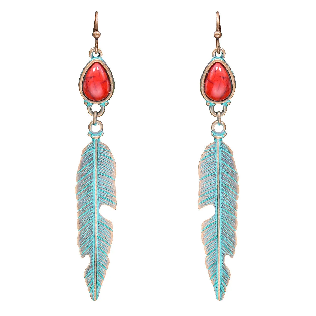 Wholesale Simple Retro Long Leaf Pendant Turquoise Earrings