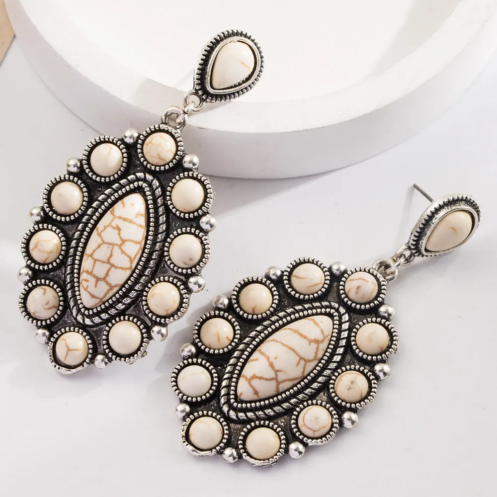 Wholesale Vintage Bohemian Turquoise Geometric Exaggerated Leather Earrings