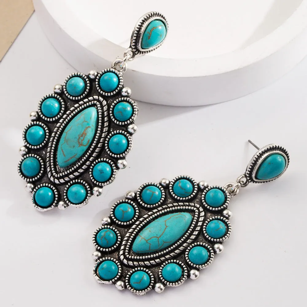Wholesale Vintage Bohemian Turquoise Geometric Exaggerated Leather Earrings