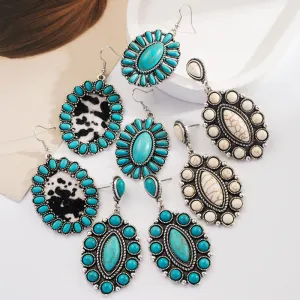 Wholesale Vintage Bohemian Turquoise Geometric Exaggerated Leather Earrings