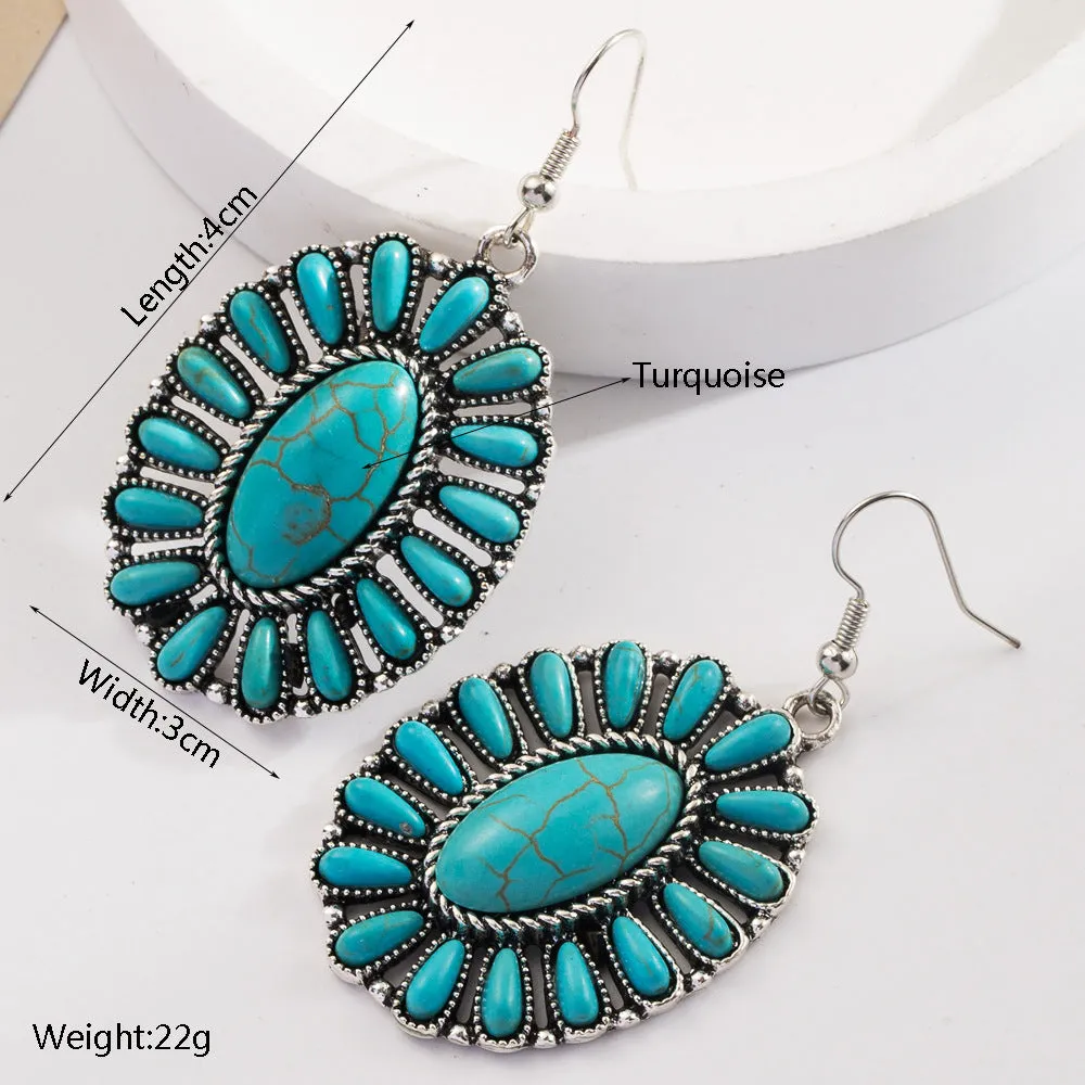 Wholesale Vintage Bohemian Turquoise Geometric Exaggerated Leather Earrings