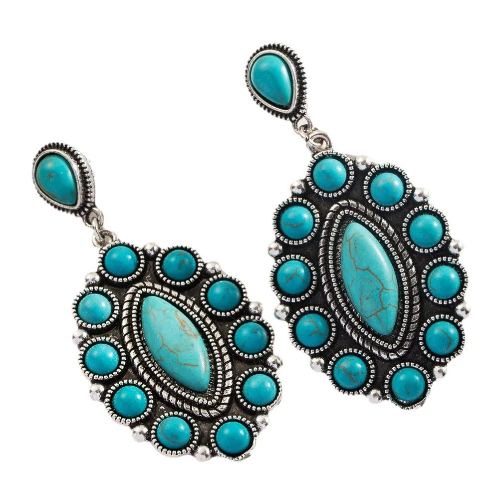 Wholesale Vintage Bohemian Turquoise Geometric Exaggerated Leather Earrings