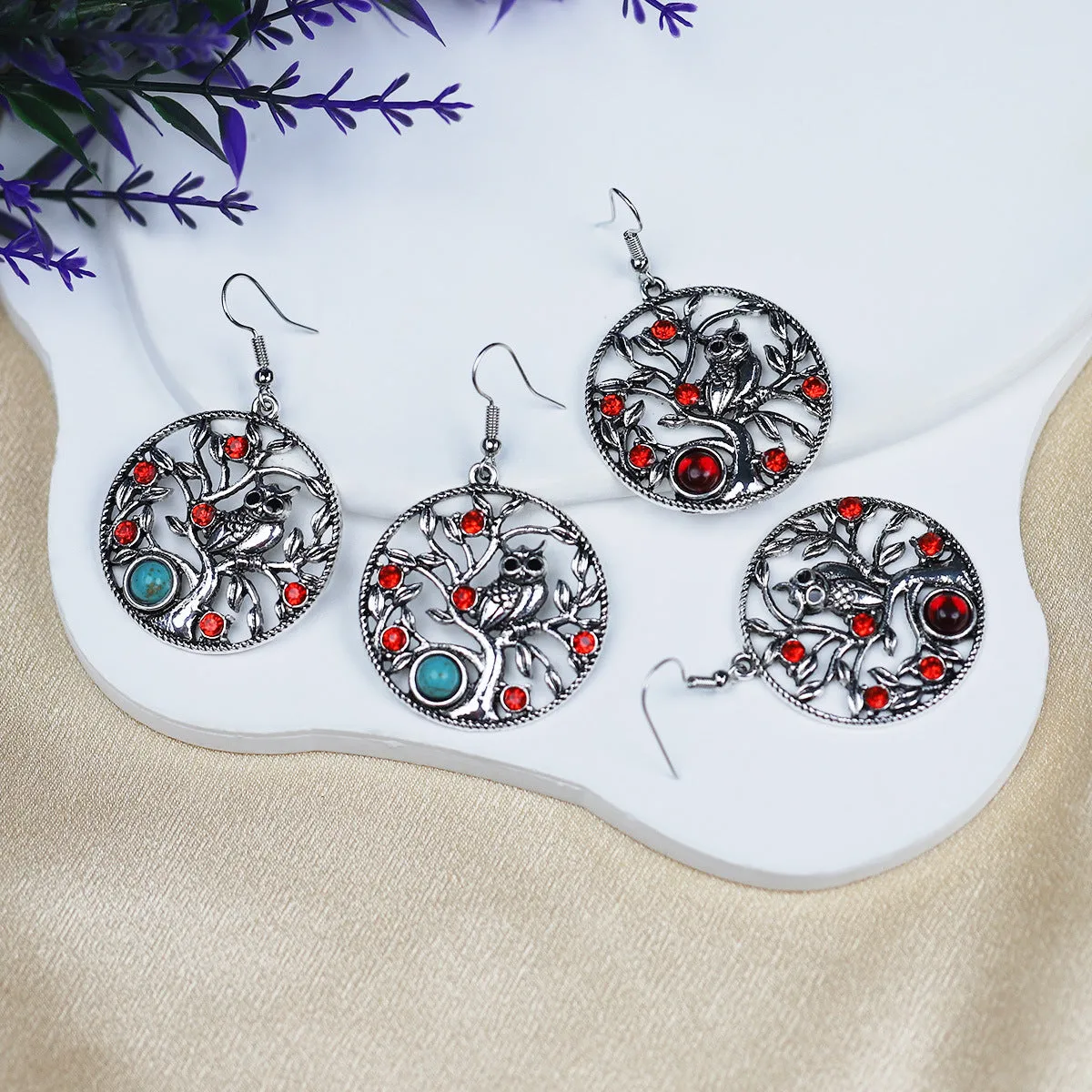 Wholesale Vintage Diamond Inlaid Owl Bohemian Ethnic Style Earrings