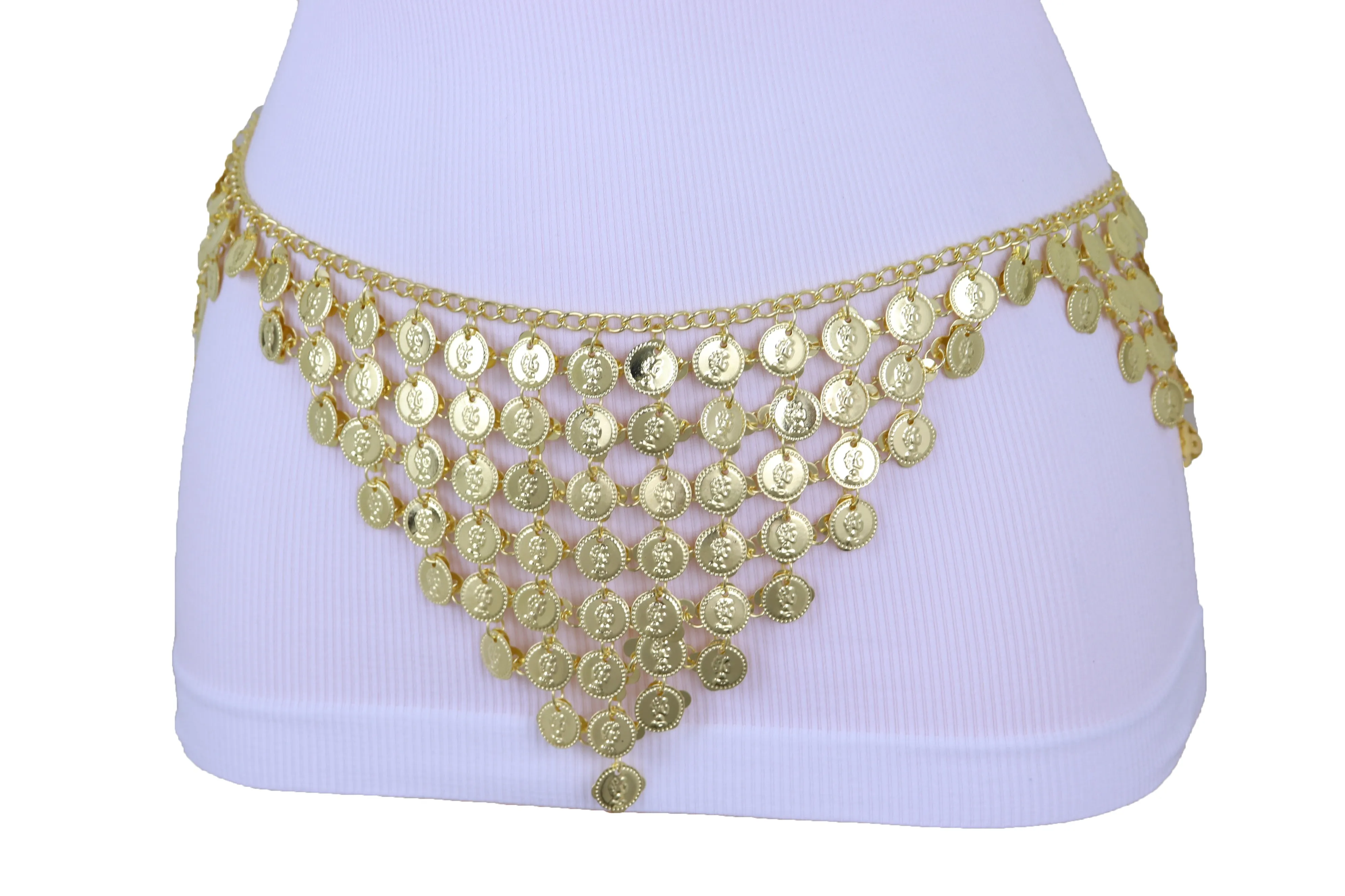 Women Belly Dancing Ethnic Fashion Belt Hip Gold Metal Chain Coin Charms Adjustable Size Band S M