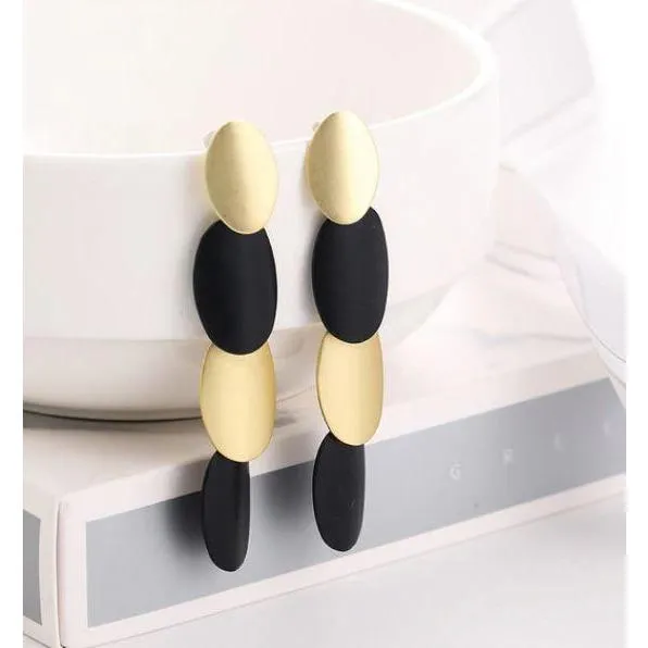 Women Golden Drop Geometric Black Long Hanging Earrings Retail