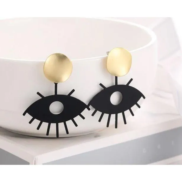 Women Golden Drop Geometric Black Long Hanging Earrings Retail