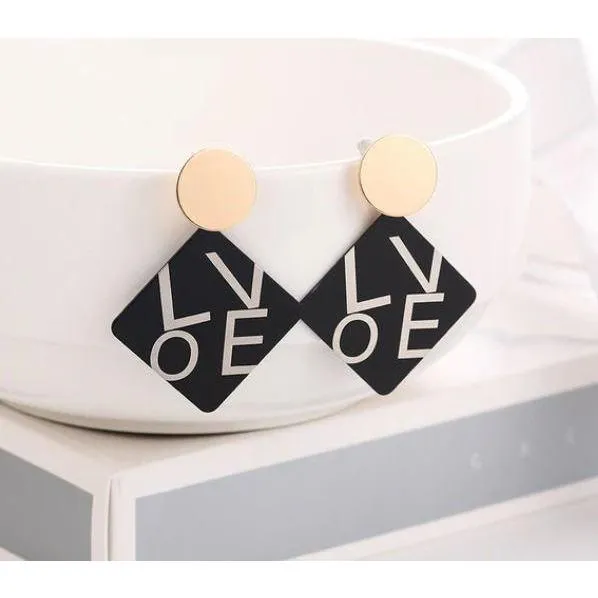 Women Golden Drop Geometric Black Long Hanging Earrings Retail