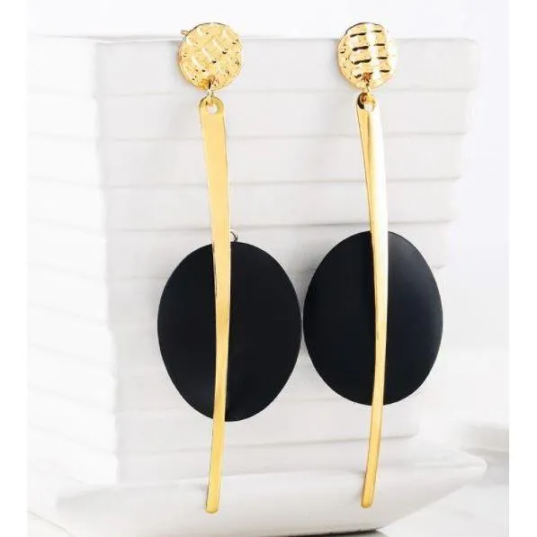 Women Golden Drop Geometric Black Long Hanging Earrings Retail