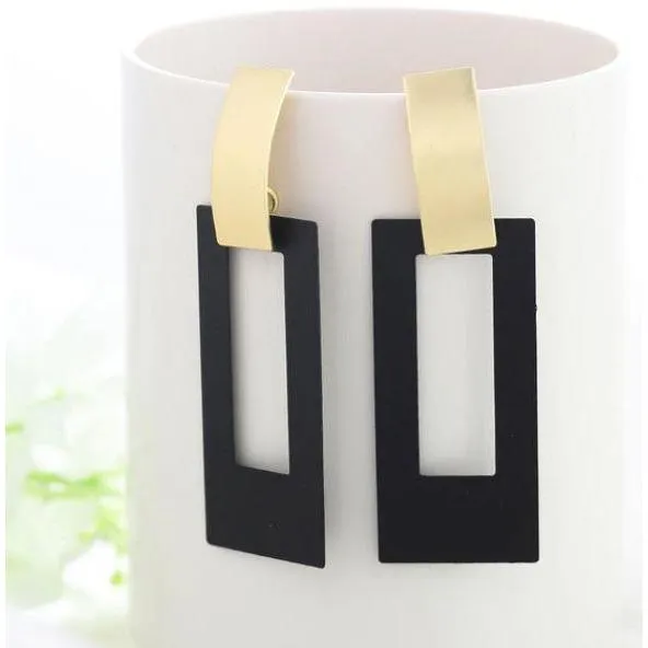 Women Golden Drop Geometric Black Long Hanging Earrings Retail
