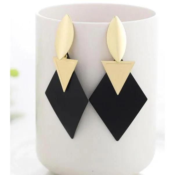 Women Golden Drop Geometric Black Long Hanging Earrings Retail
