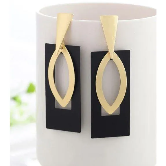 Women Golden Drop Geometric Black Long Hanging Earrings Retail