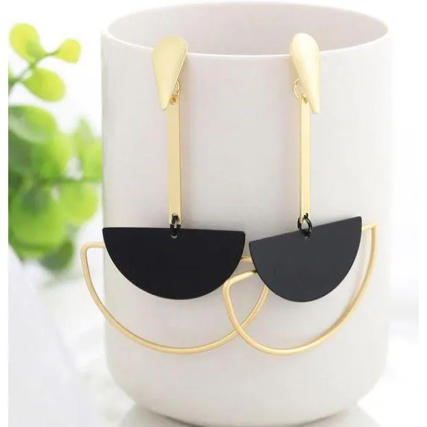 Women Golden Drop Geometric Black Long Hanging Earrings Retail