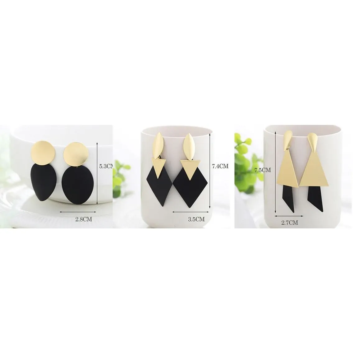 Women Golden Drop Geometric Black Long Hanging Earrings Retail