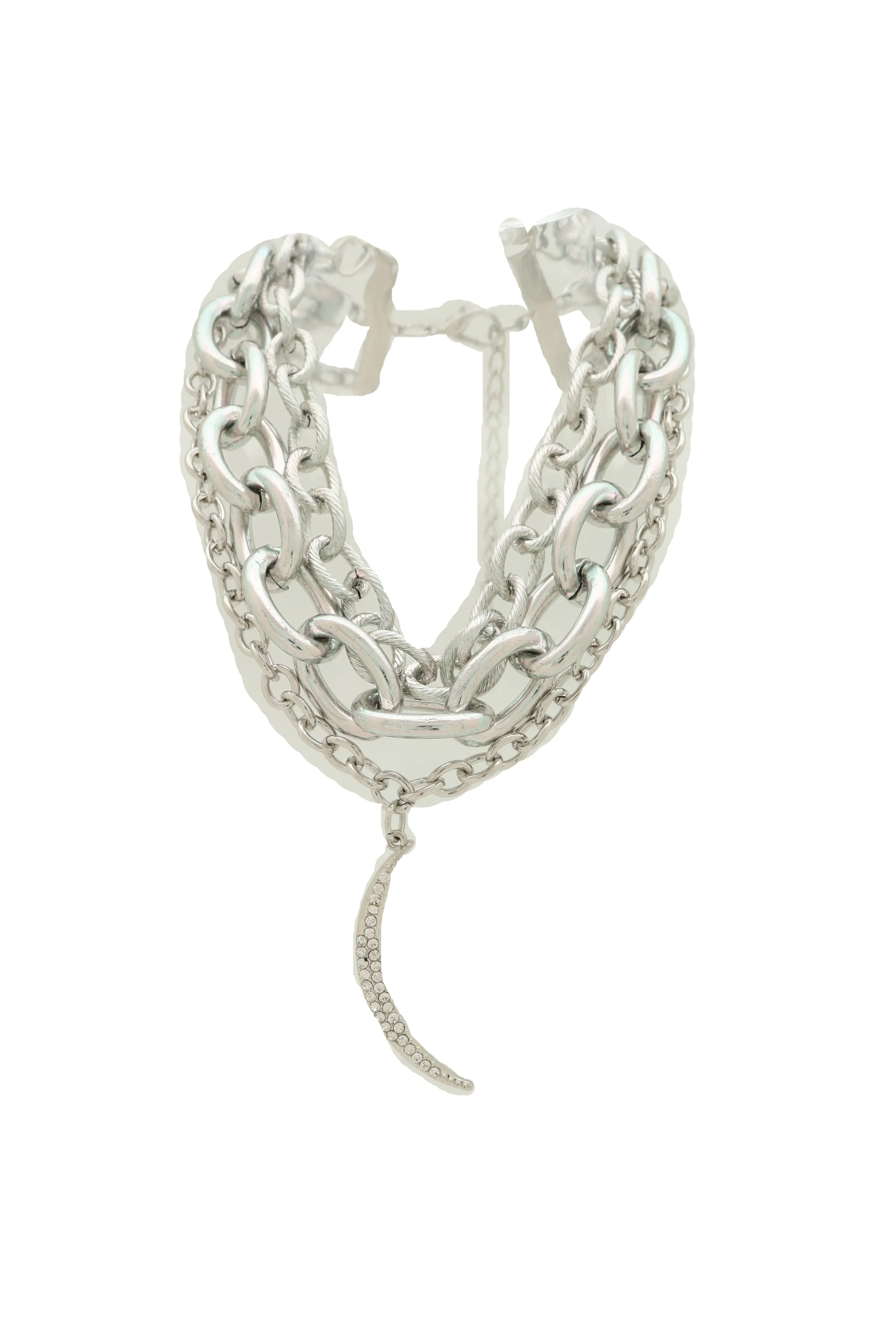 Women Multi Strands Silver Metal Chain Links Bib Fashion Necklace Charm Moon Pendant Bling