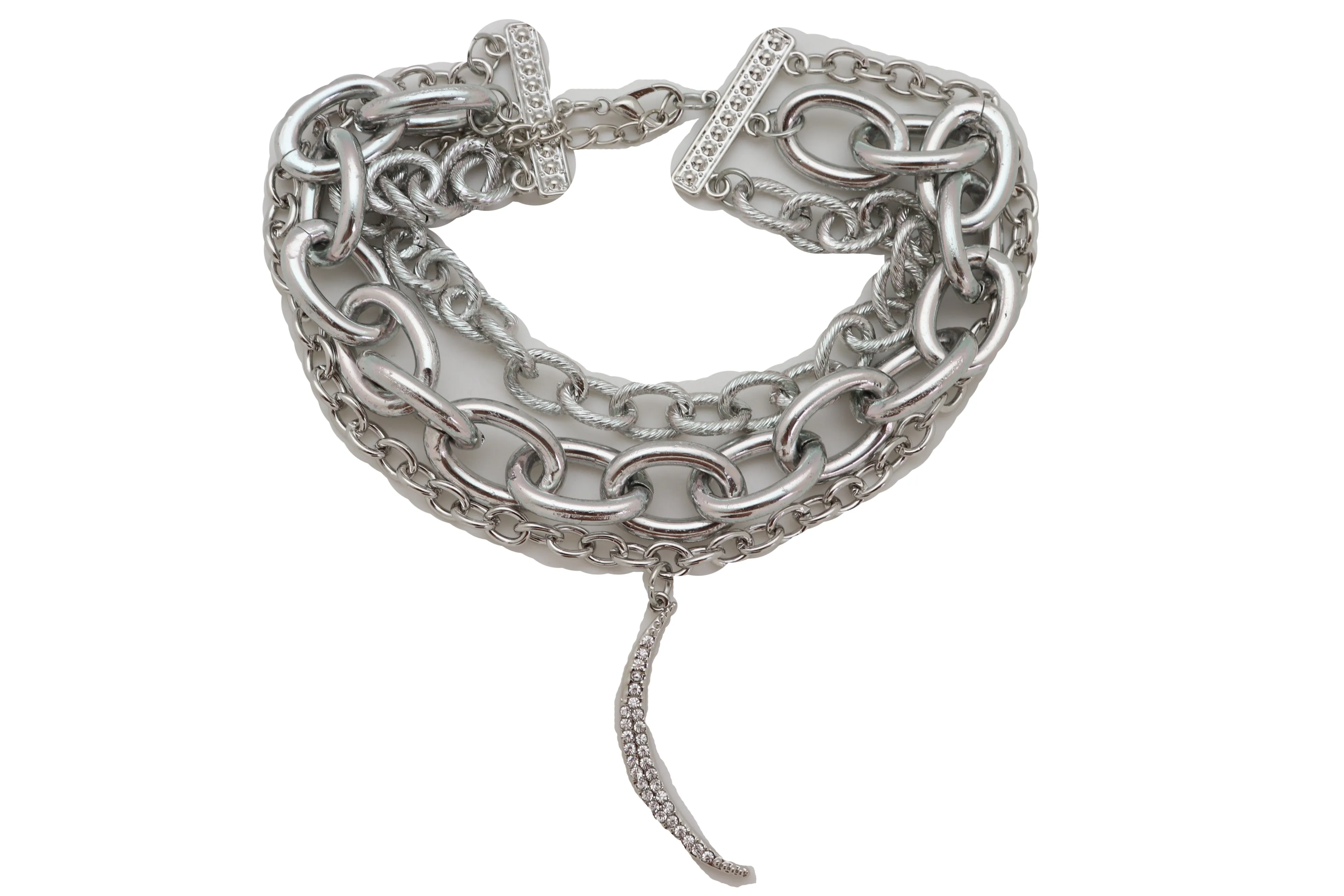 Women Multi Strands Silver Metal Chain Links Bib Fashion Necklace Charm Moon Pendant Bling