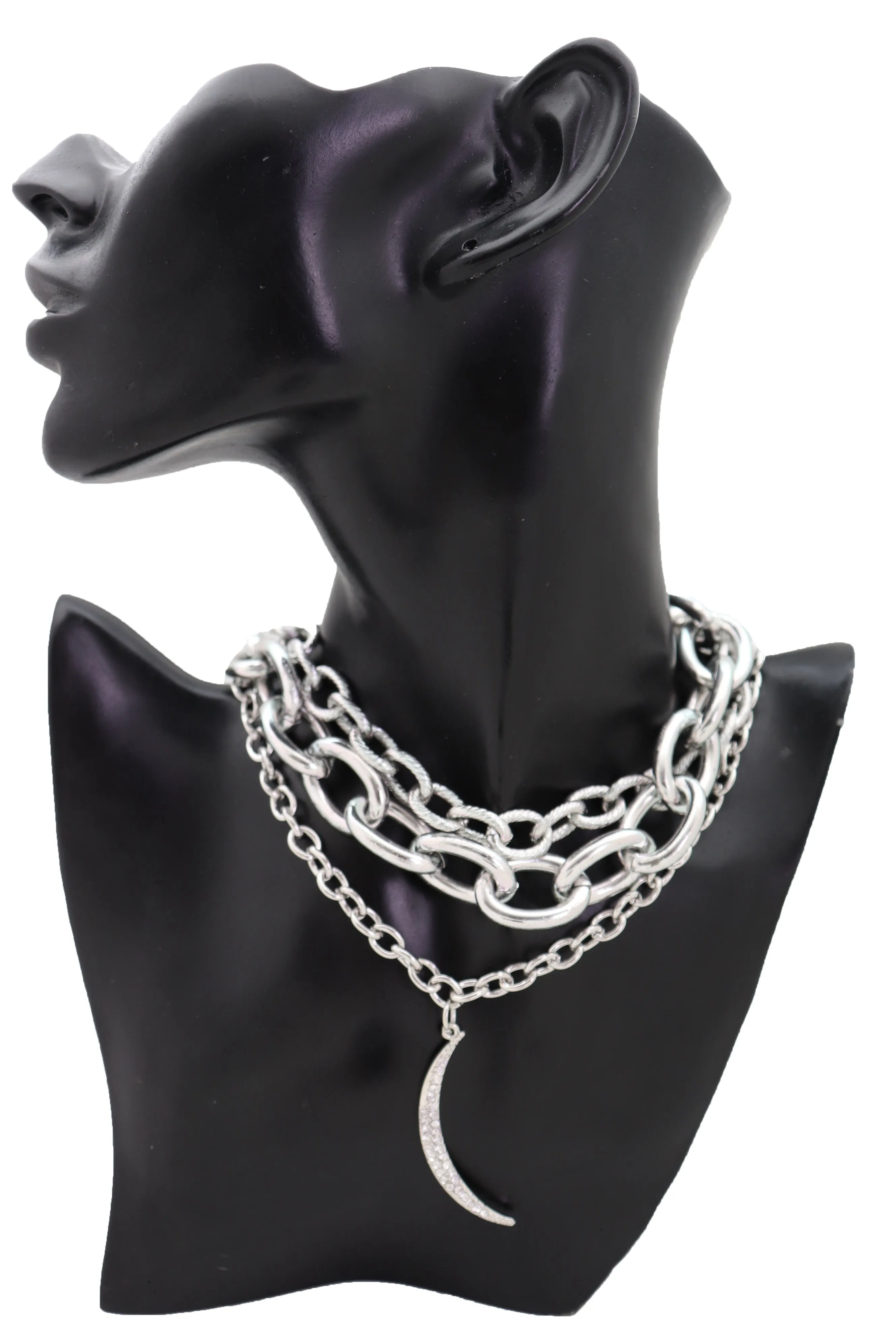 Women Multi Strands Silver Metal Chain Links Bib Fashion Necklace Charm Moon Pendant Bling