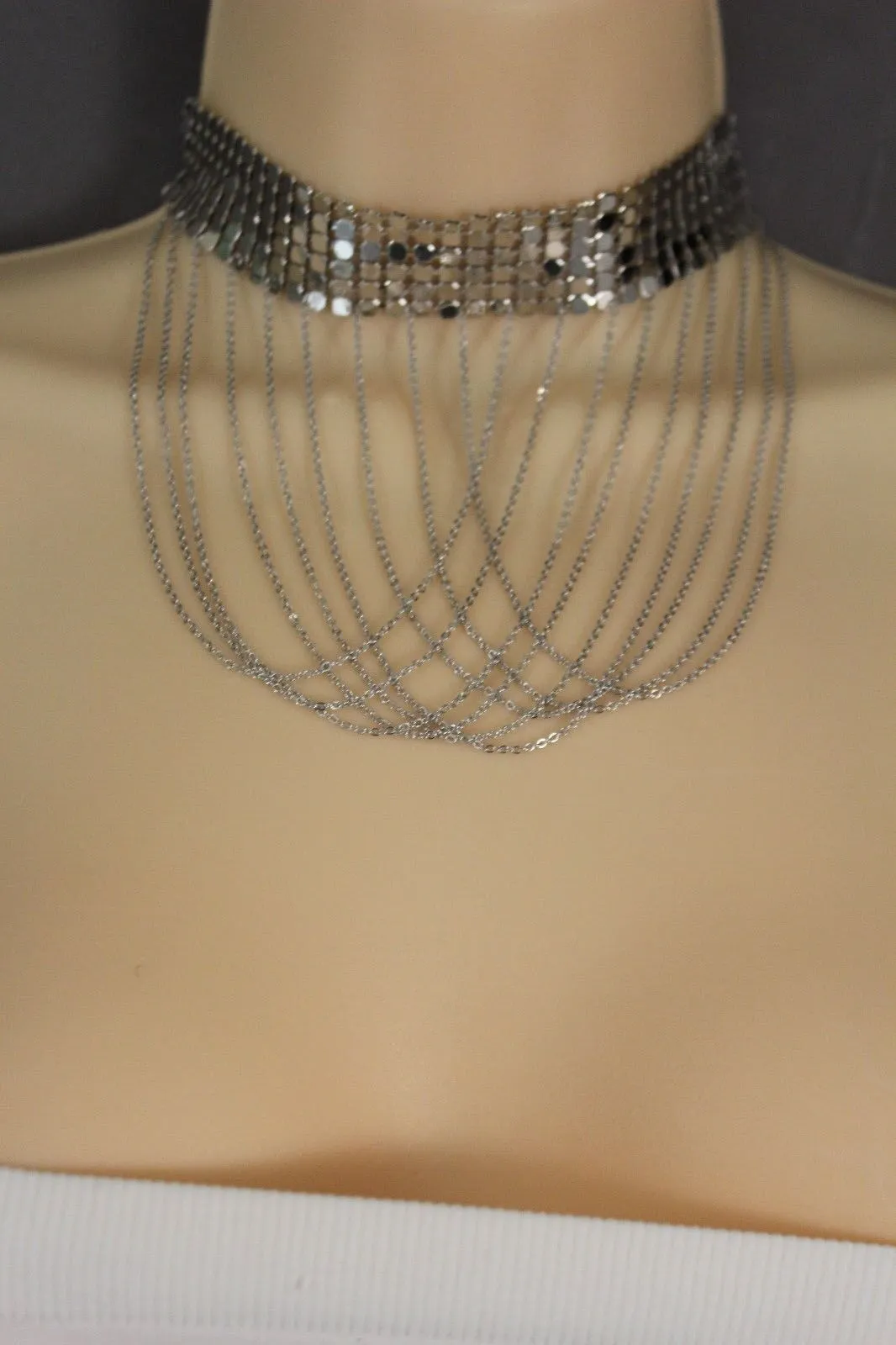 Women Silver Mesh Metal Wide Choker Short Necklace Multi Chains Drape