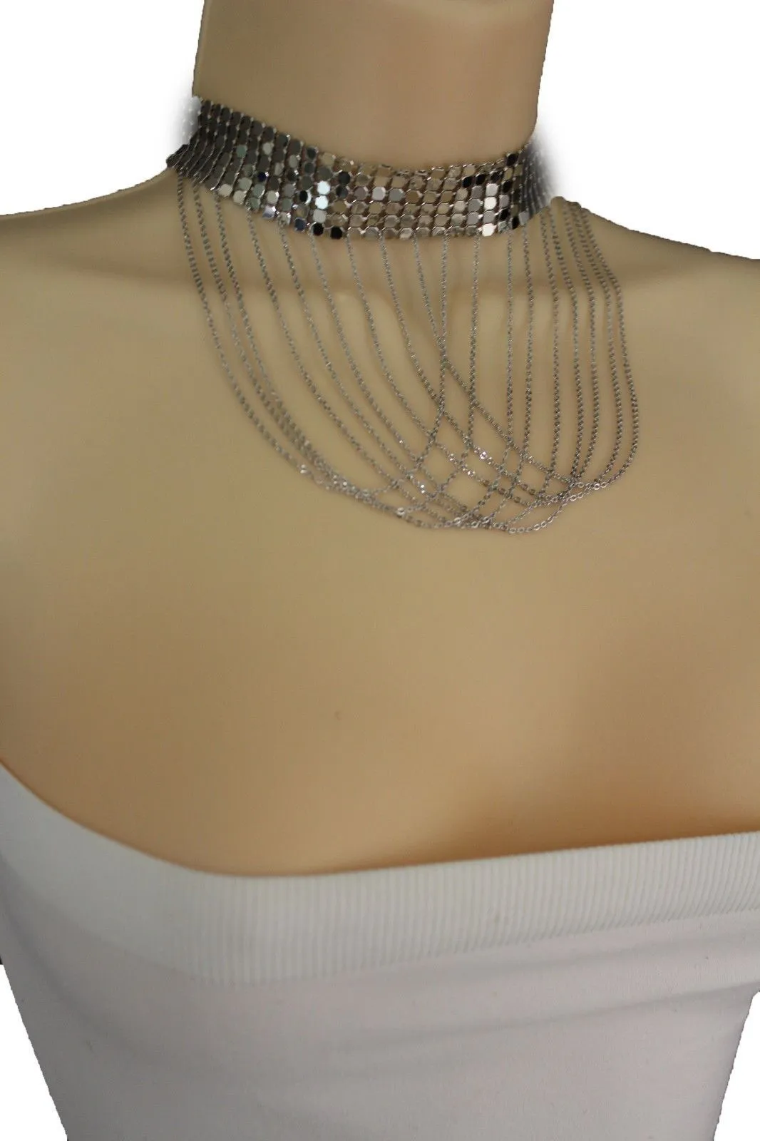 Women Silver Mesh Metal Wide Choker Short Necklace Multi Chains Drape