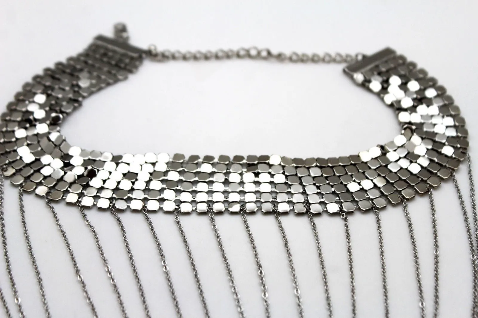 Women Silver Mesh Metal Wide Choker Short Necklace Multi Chains Drape
