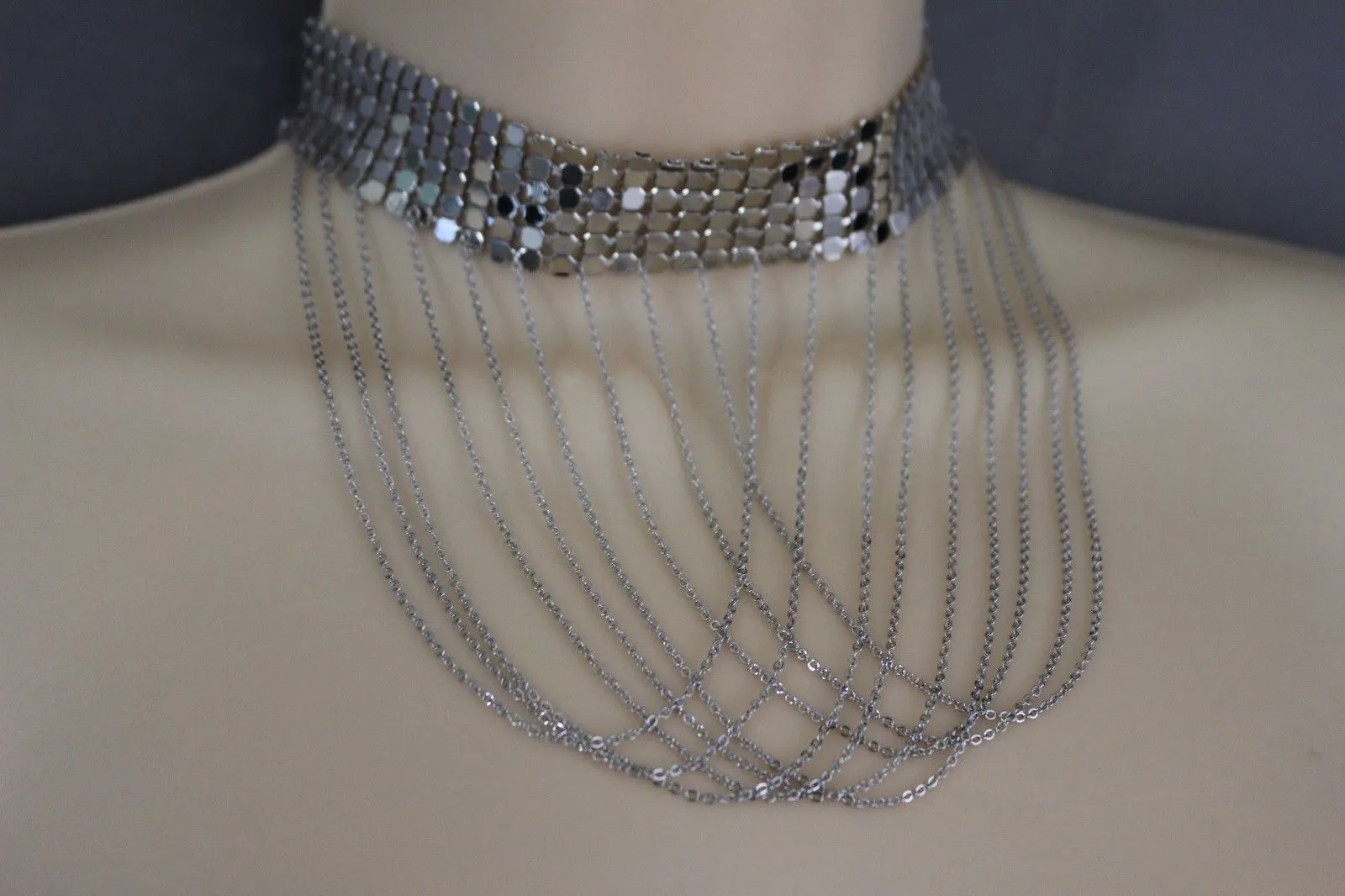Women Silver Mesh Metal Wide Choker Short Necklace Multi Chains Drape