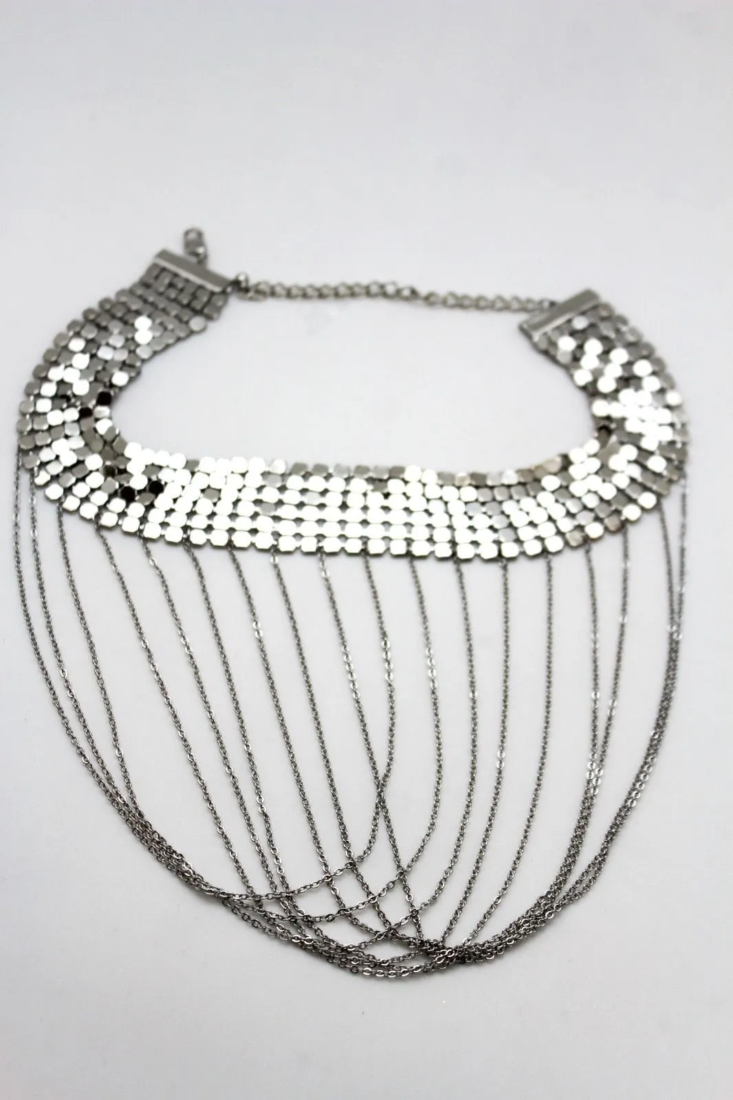 Women Silver Mesh Metal Wide Choker Short Necklace Multi Chains Drape