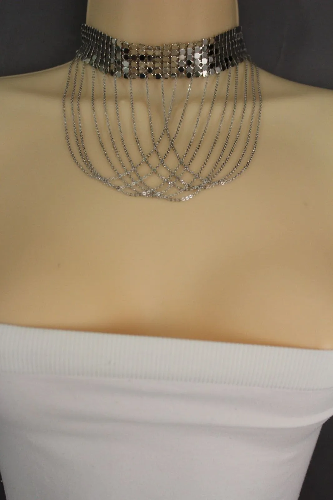 Women Silver Mesh Metal Wide Choker Short Necklace Multi Chains Drape