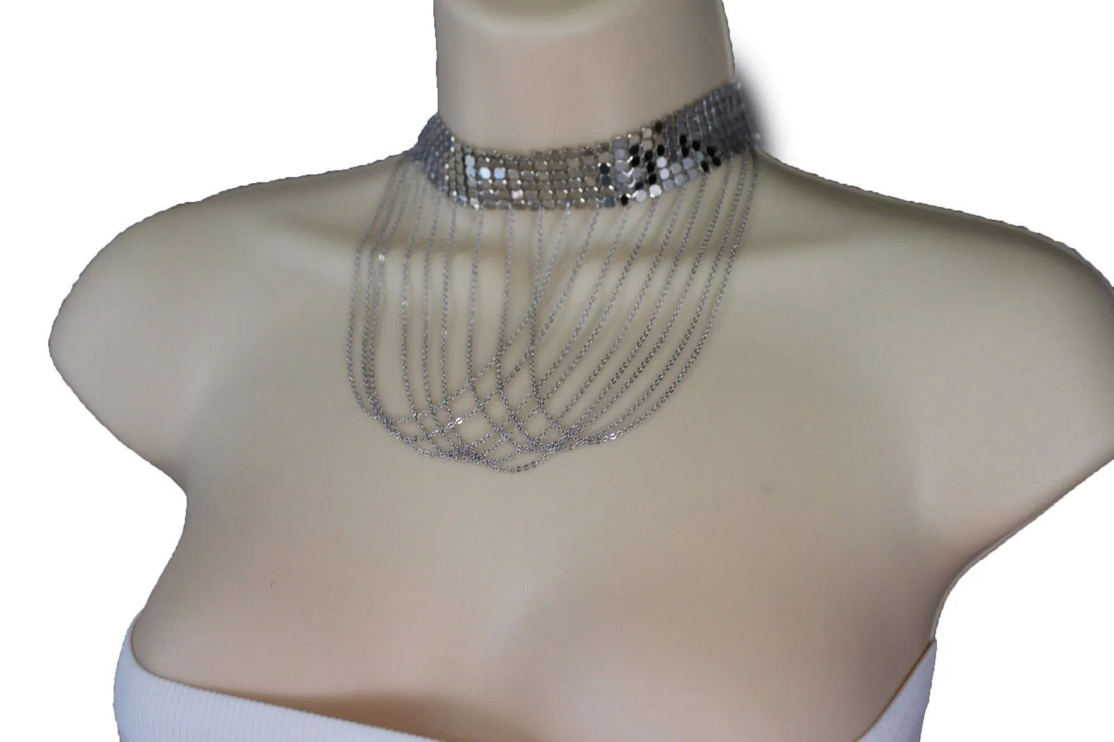 Women Silver Mesh Metal Wide Choker Short Necklace Multi Chains Drape