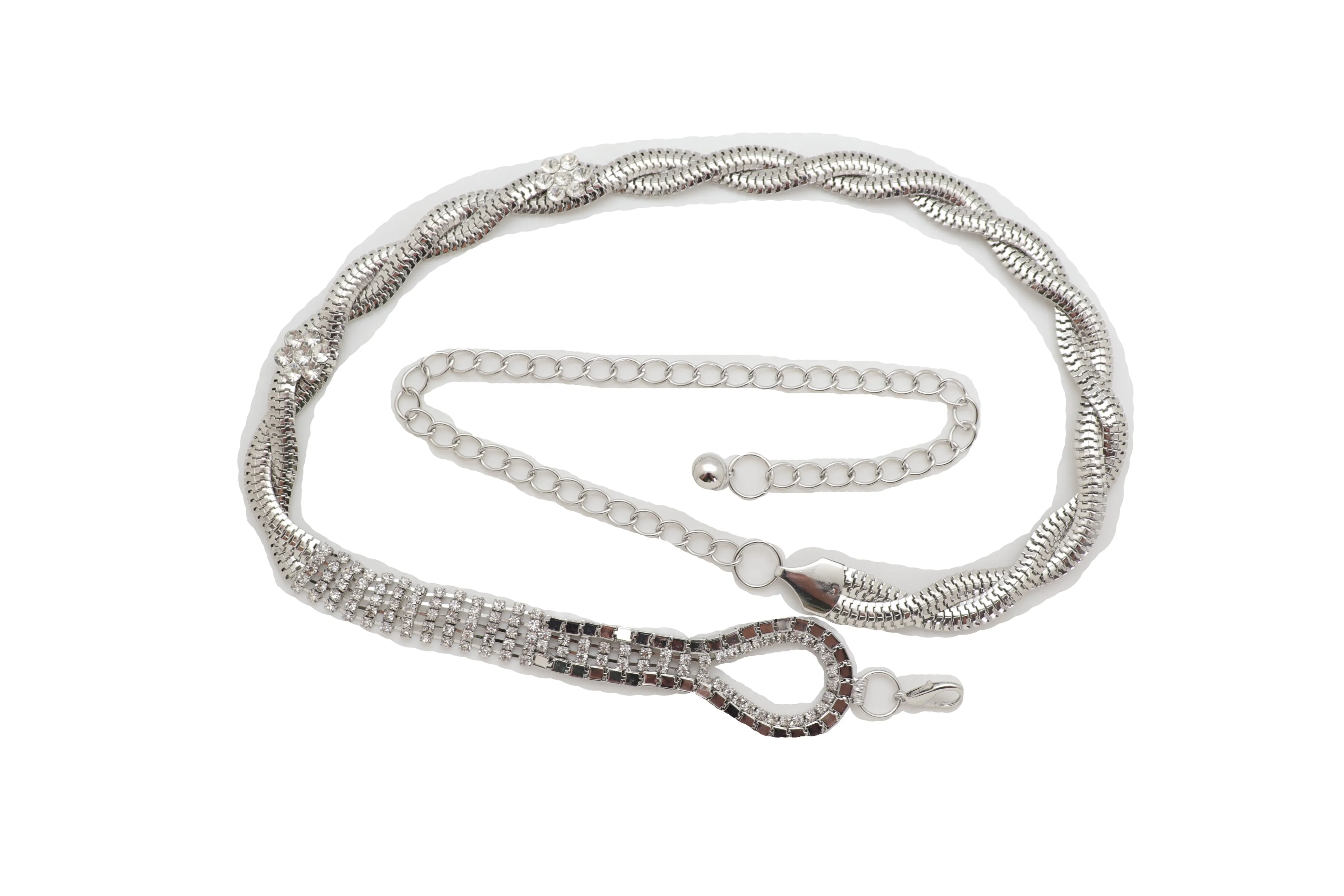 Women Waist Hip Silver Metal Chain Braided Band Belt Bling Flower Charm S M L